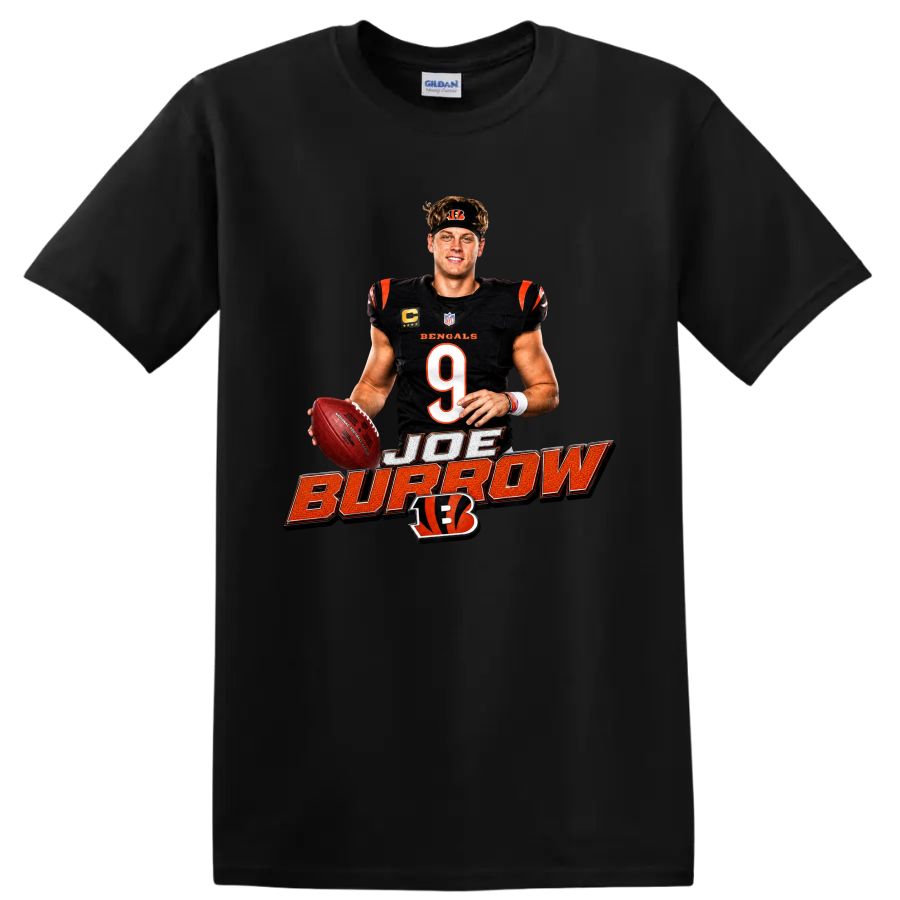 Joe Burrow Bengals quarterback graphic with number 9, football, and bold name lettering on a Black T Shirt