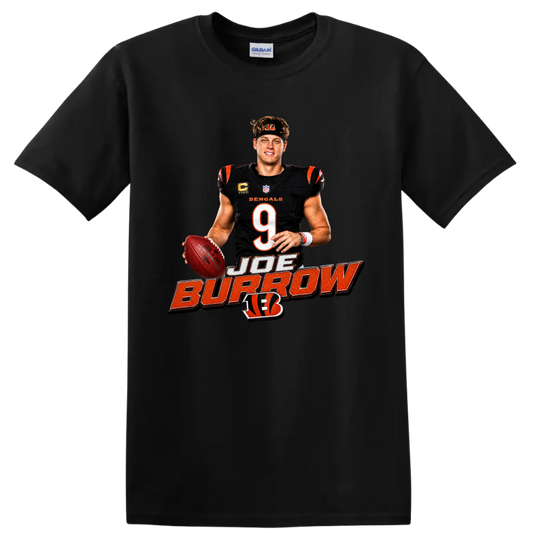 Joe Burrow Bengals quarterback graphic with number 9, football, and bold name lettering on a Black T Shirt