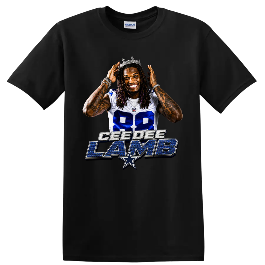 CeeDee Lamb Dallas Cowboys 88 portrait wearing a crown above jewel-style name art on a Black T Shirt