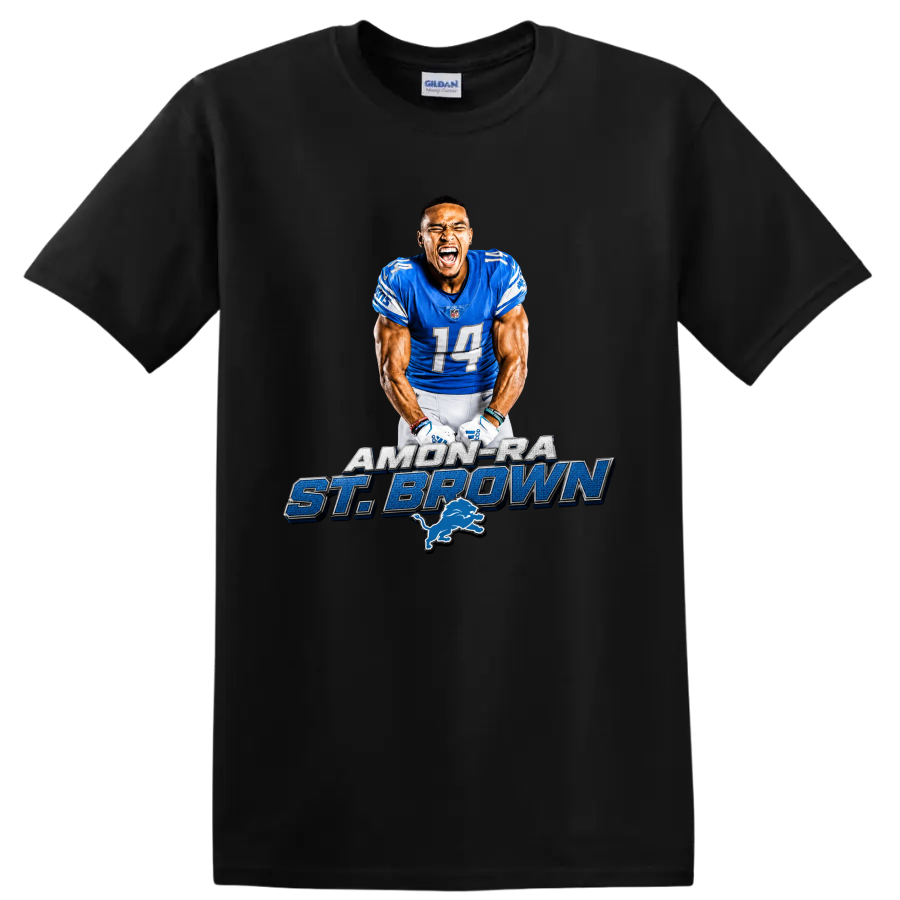 Amon-Ra St. Brown Detroit Lions wide receiver graphic with name lettering and lion emblem on a Black T Shirt