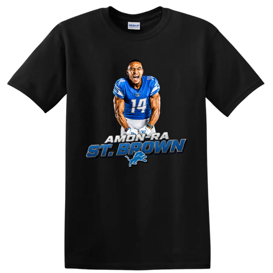Amon-Ra St. Brown Detroit Lions wide receiver graphic with name lettering and lion emblem on a Black T Shirt