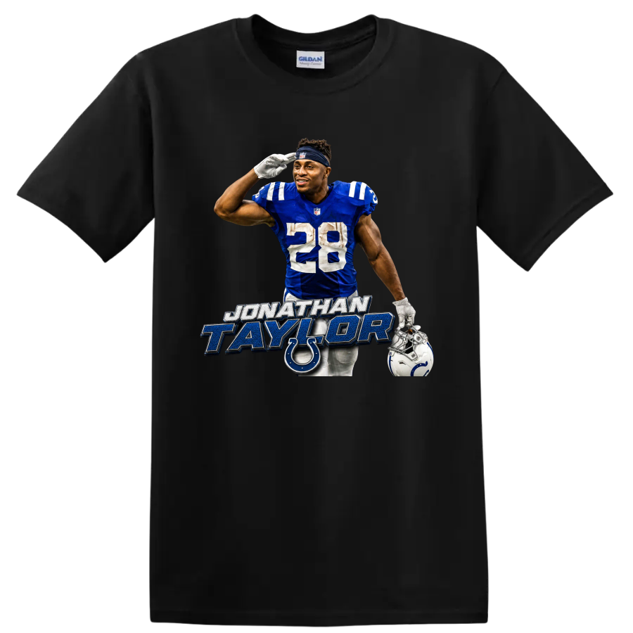 Jonathan Taylor Colts number 28 football player graphic with horseshoe emblem on a Black T Shirt