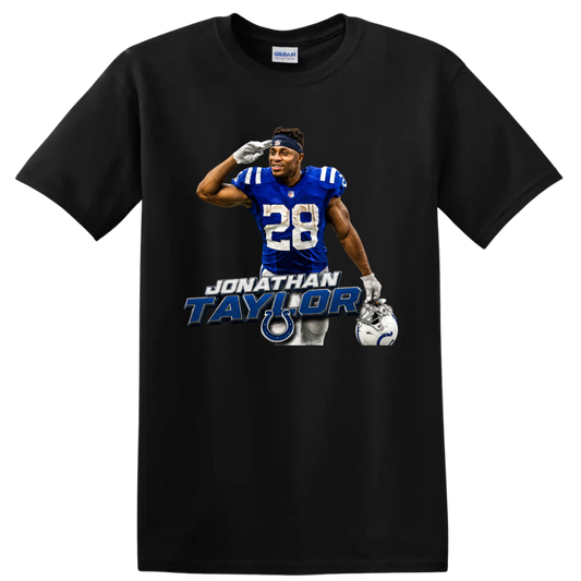 Jonathan Taylor Colts number 28 football player graphic with horseshoe emblem on a Black T Shirt