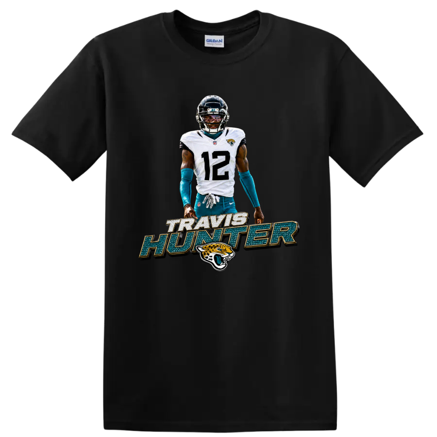 Travis Hunter Jaguars number 12 football player graphic with bold name lettering on a Black T Shirt
