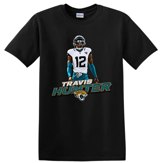 Travis Hunter Jaguars number 12 football player graphic with bold name lettering on a Black T Shirt