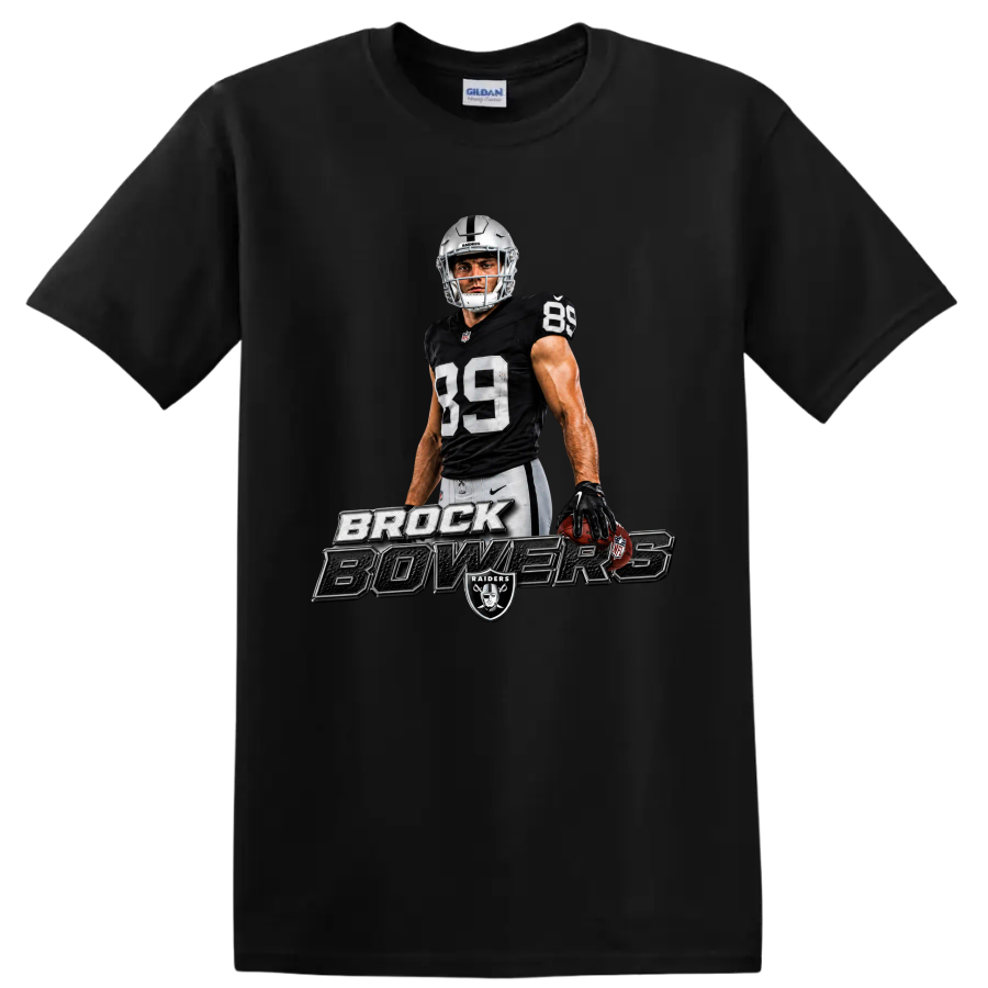 Brock Bowers Raiders No. 89 football player graphic with metallic name lettering on a Black T Shirt
