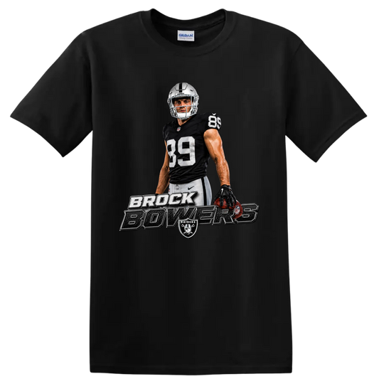 Brock Bowers Raiders No. 89 football player graphic with metallic name lettering on a Black T Shirt