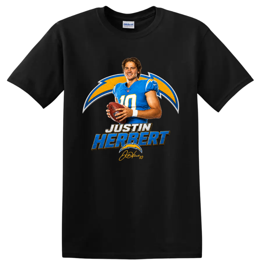 Justin Herbert Chargers quarterback graphic with football, lightning bolts, and player on a Black T Shirt