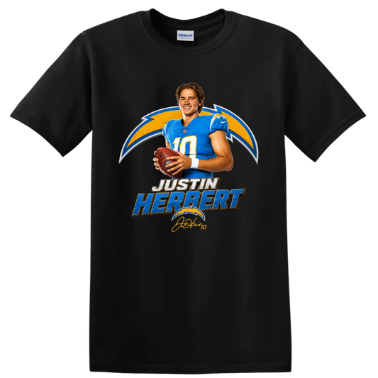 Justin Herbert Chargers quarterback graphic with football, lightning bolts, and player on a Black T Shirt