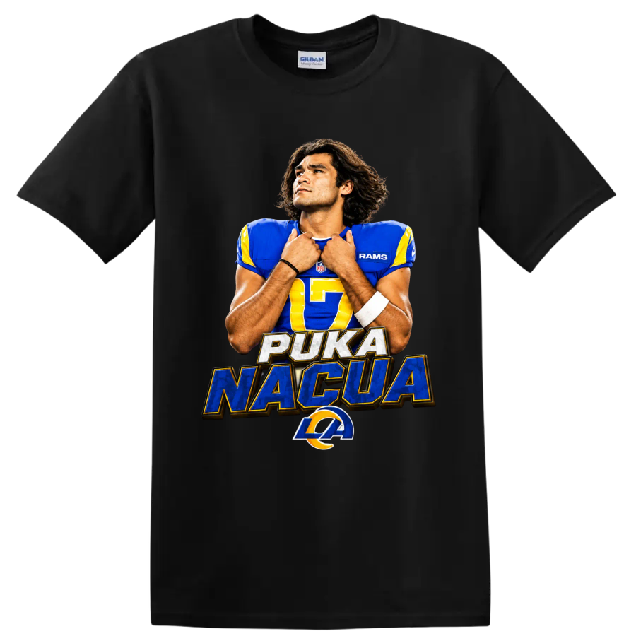 Puka Nacua Rams number 17 football portrait with PUKA NACUA text and horn emblem on a Black T Shirt