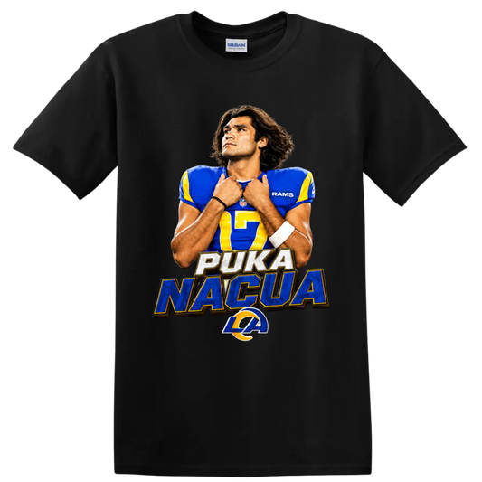 Puka Nacua Rams number 17 football portrait with PUKA NACUA text and horn emblem on a Black T Shirt