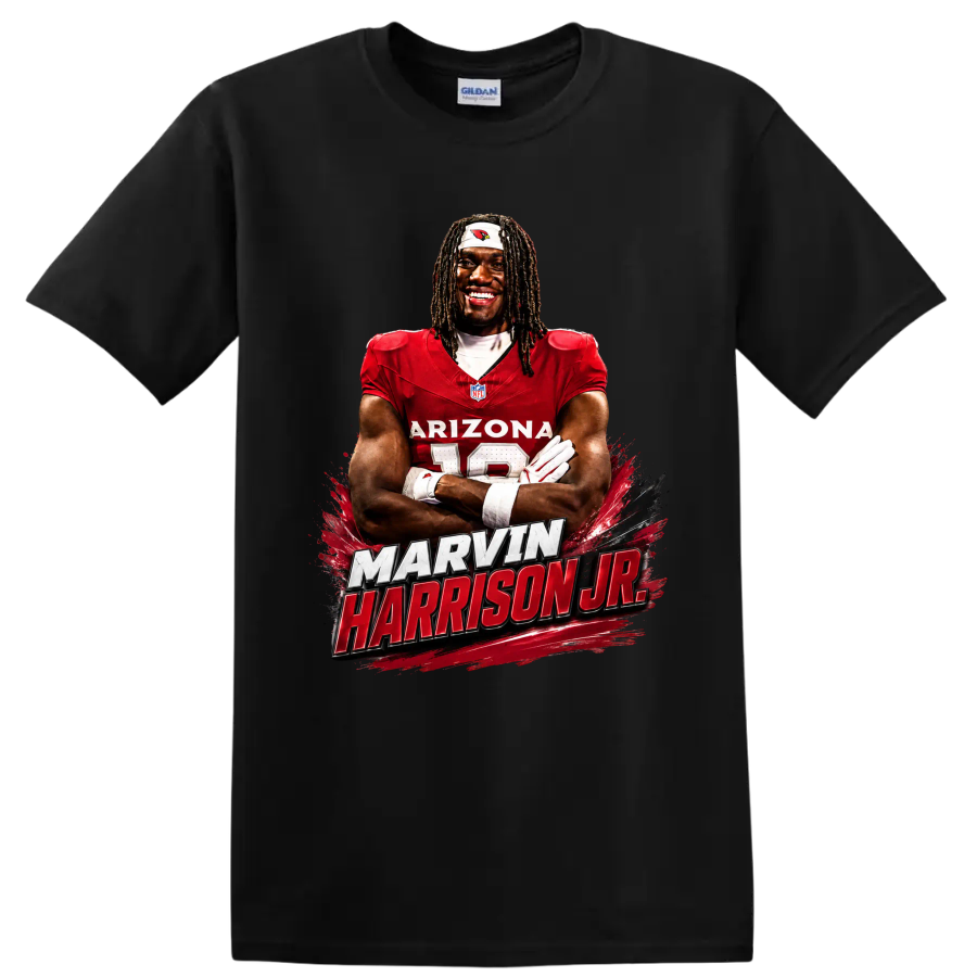 Marvin Harrison Jr Arizona Cardinals wide receiver portrait with bold name lettering on a Black T Shirt