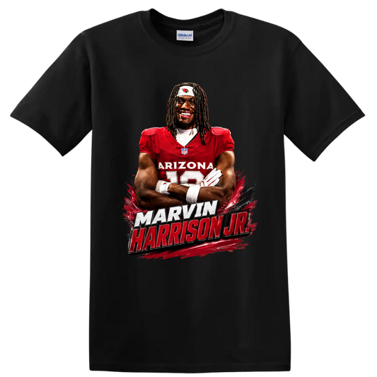 Marvin Harrison Jr Arizona Cardinals wide receiver portrait with bold name lettering on a Black T Shirt