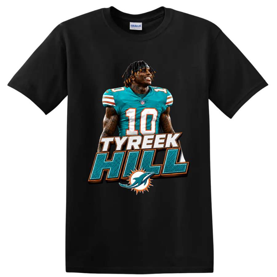 Tyreek Hill Miami Dolphins number 10 football portrait with TYREEK HILL text on a Black T Shirt