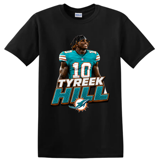 Tyreek Hill Miami Dolphins number 10 football portrait with TYREEK HILL text on a Black T Shirt
