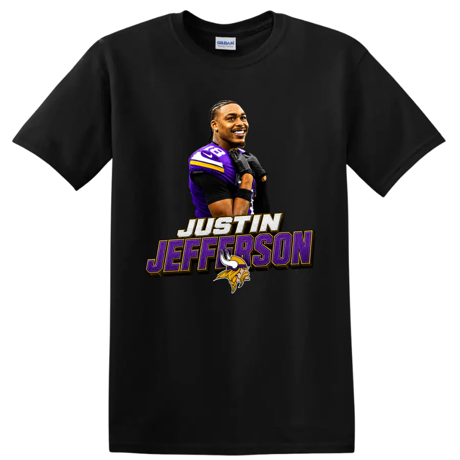 Justin Jefferson Minnesota Vikings player graphic with number 18 and name lettering on a Black T Shirt