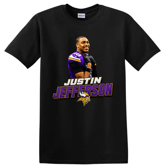 Justin Jefferson Minnesota Vikings player graphic with number 18 and name lettering on a Black T Shirt