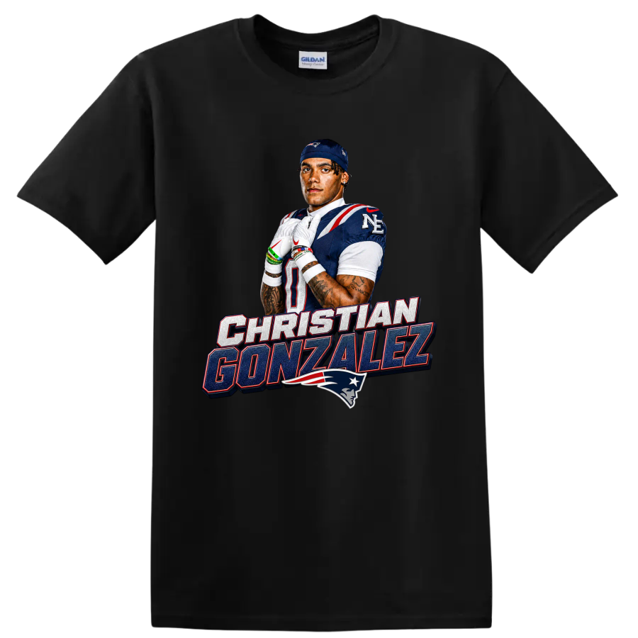 Christian Gonzalez Patriots football portrait with player-name lettering and team logo on a Black T Shirt