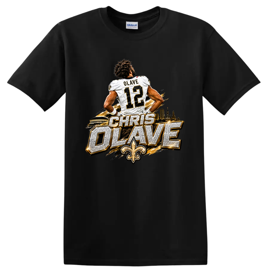 Chris Olave number 12 Saints football graphic with skyline, fleur-de-lis, and bold on a Black T Shirt