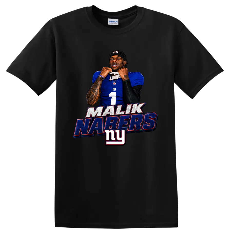 Malik Nabers New York Giants number 1 portrait graphic with MALIK NABERS lettering on a Black T Shirt