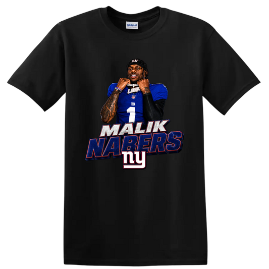 Malik Nabers New York Giants number 1 portrait graphic with MALIK NABERS lettering on a Black T Shirt