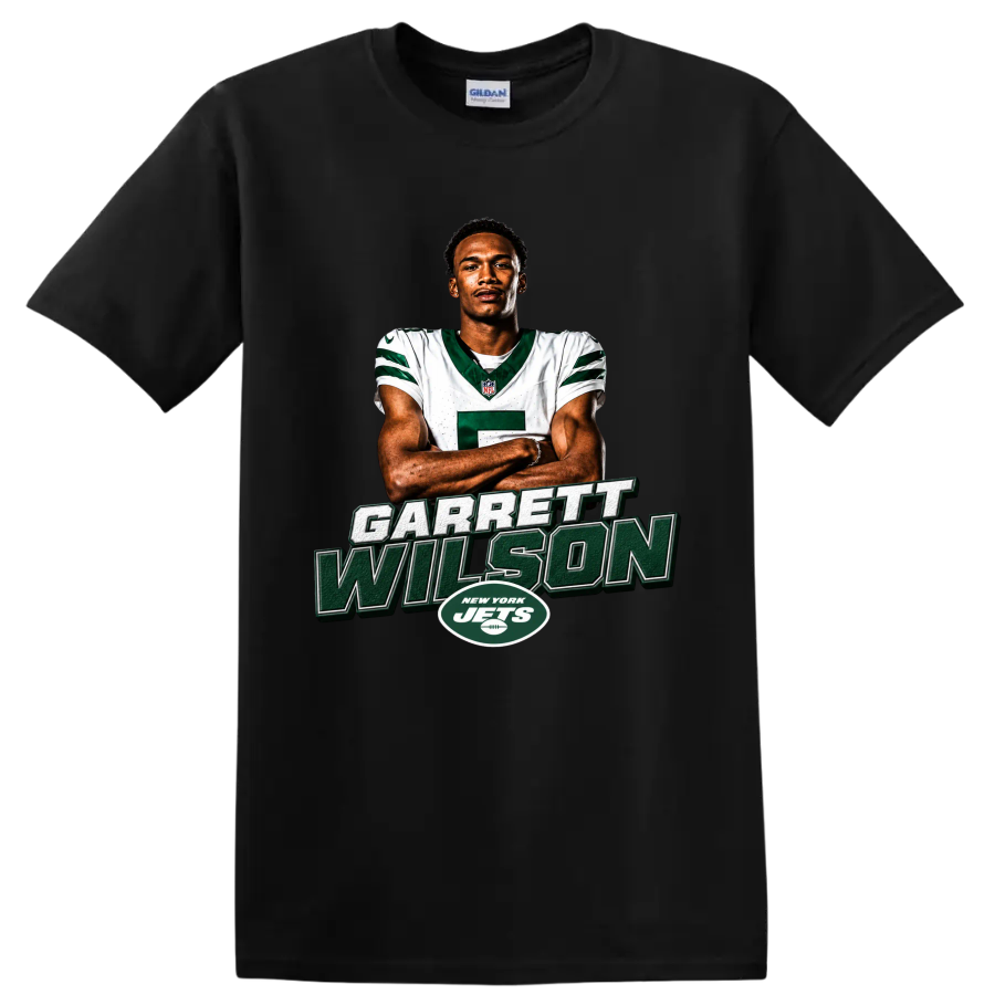 Garrett Wilson New York Jets player portrait with bold name lettering and team logo on a Black T Shirt