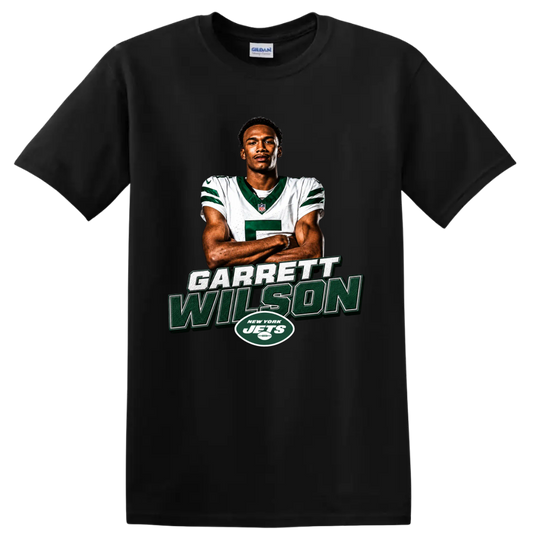 Garrett Wilson New York Jets player portrait with bold name lettering and team logo on a Black T Shirt