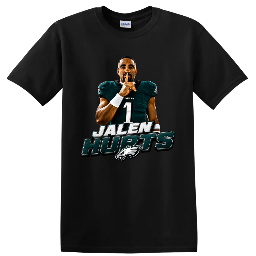 Jalen Hurts Eagles quarterback shush pose with JALEN HURTS text and bird-head emblem on a Black T Shirt