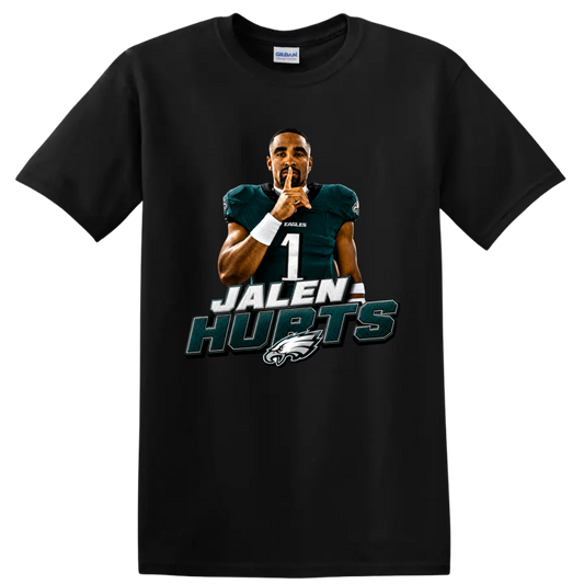 Jalen Hurts Eagles quarterback shush pose with JALEN HURTS text and bird-head emblem on a Black T Shirt