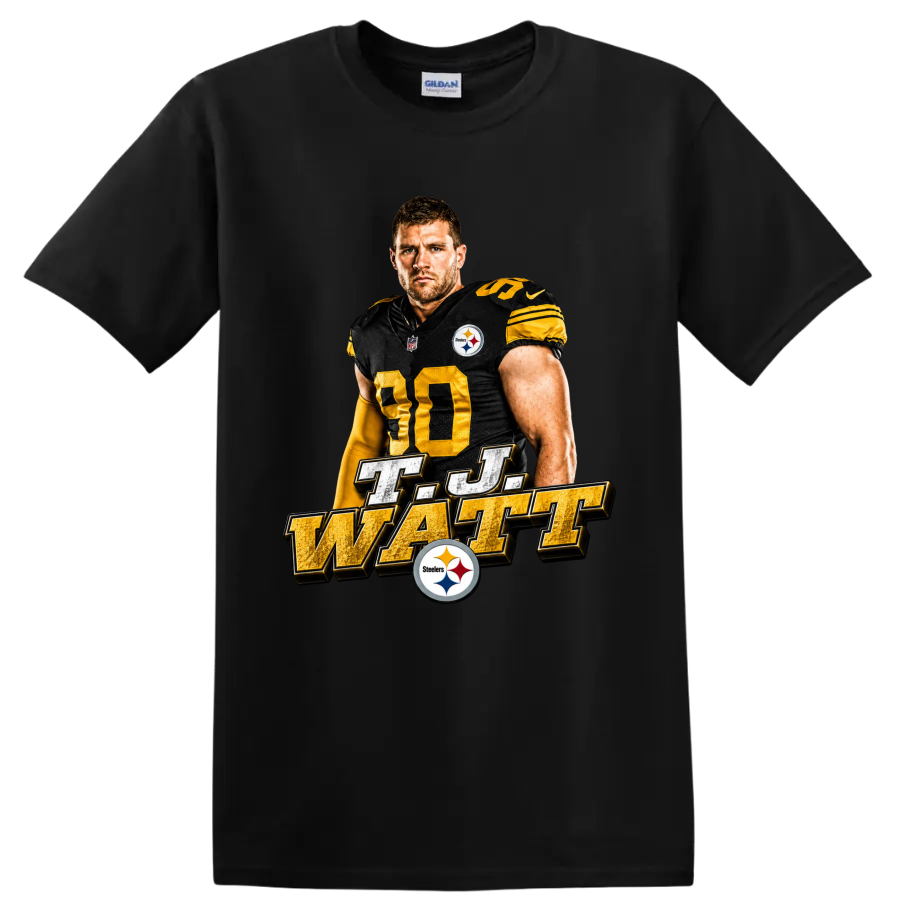 T.J. Watt Pittsburgh Steelers number 90 portrait with metallic T.J. Watt lettering on a Black T Shirt