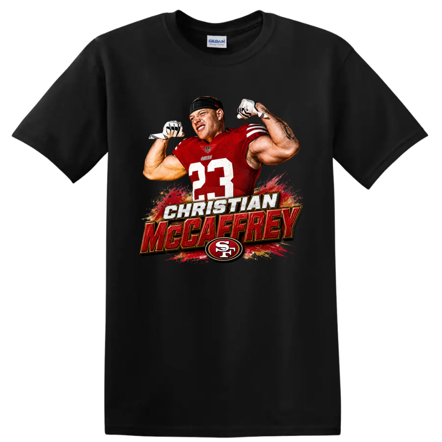 Christian McCaffrey flexing in 49ers number 23 jersey with bold name graphic on a Black T Shirt