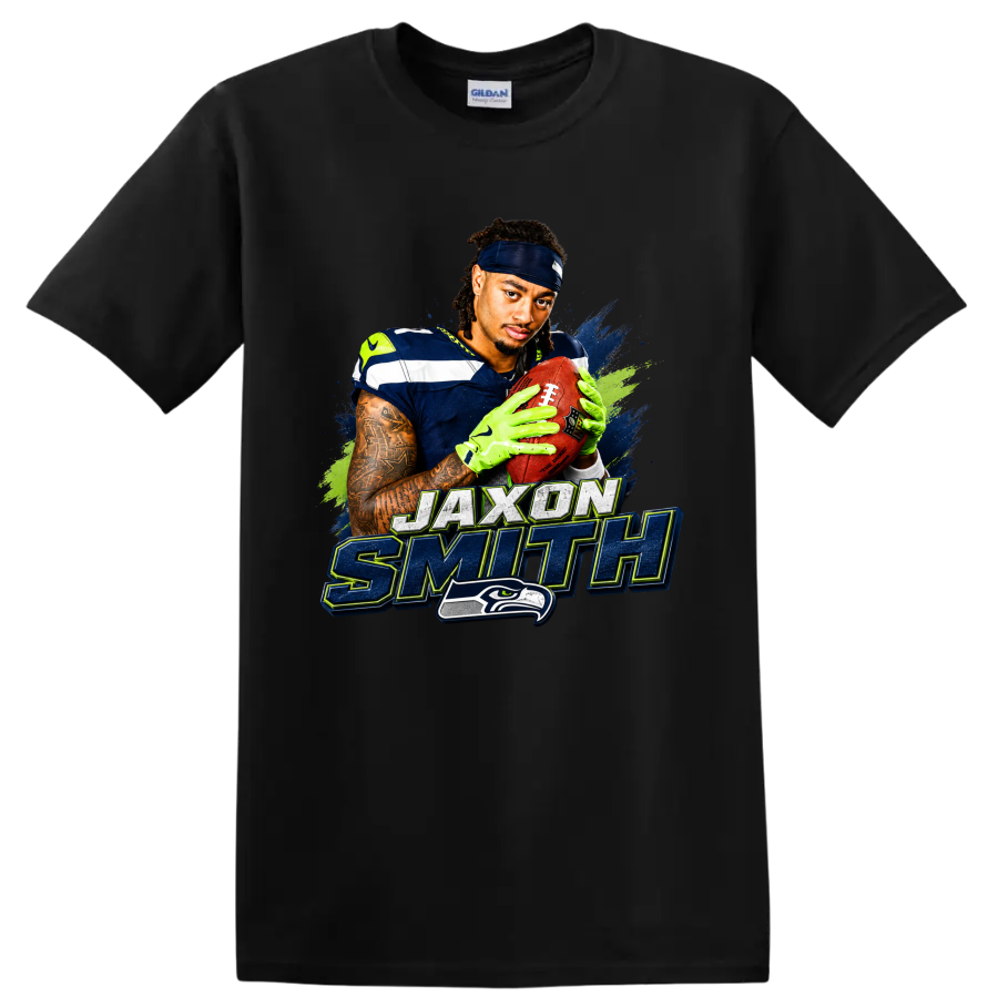Jaxon Smith-Njigba Seahawks football portrait with distressed name lettering on a Black T Shirt