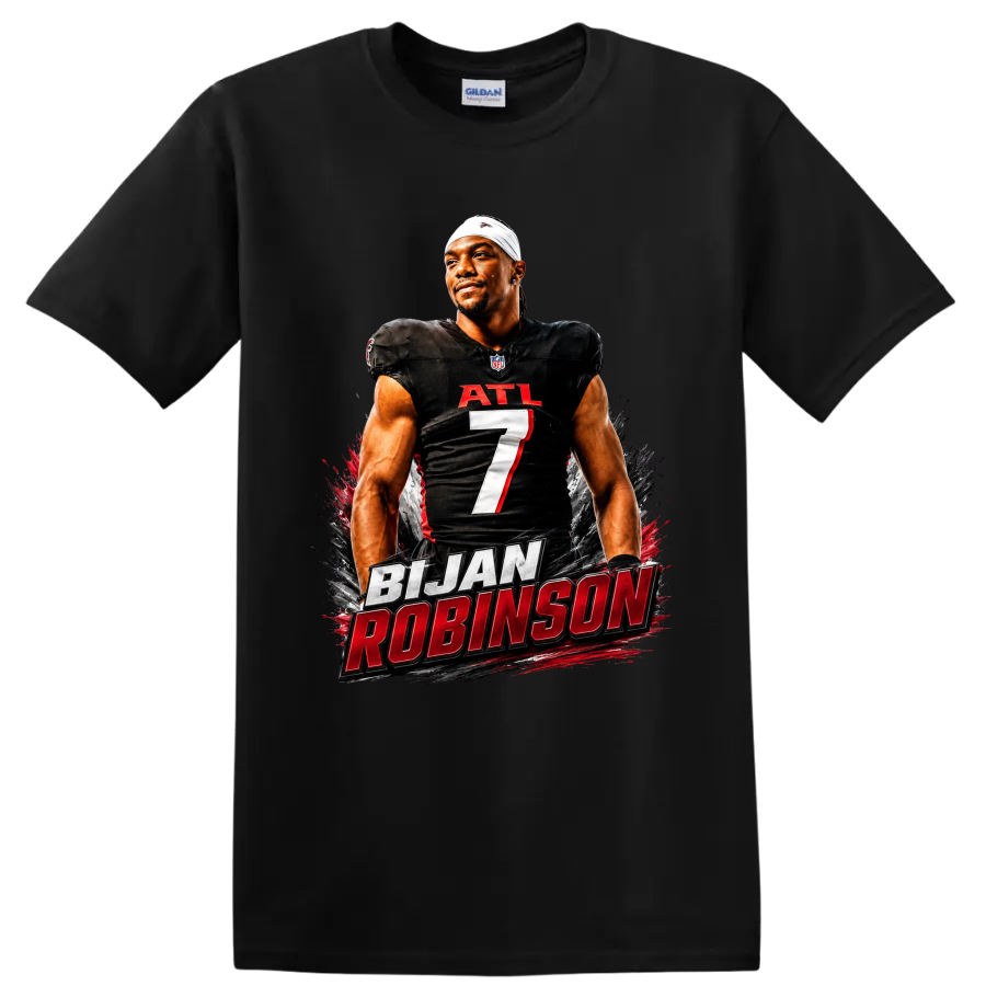 Bijan Robinson Atlanta Falcons number 7 football portrait with bold name lettering on a Black T Shirt