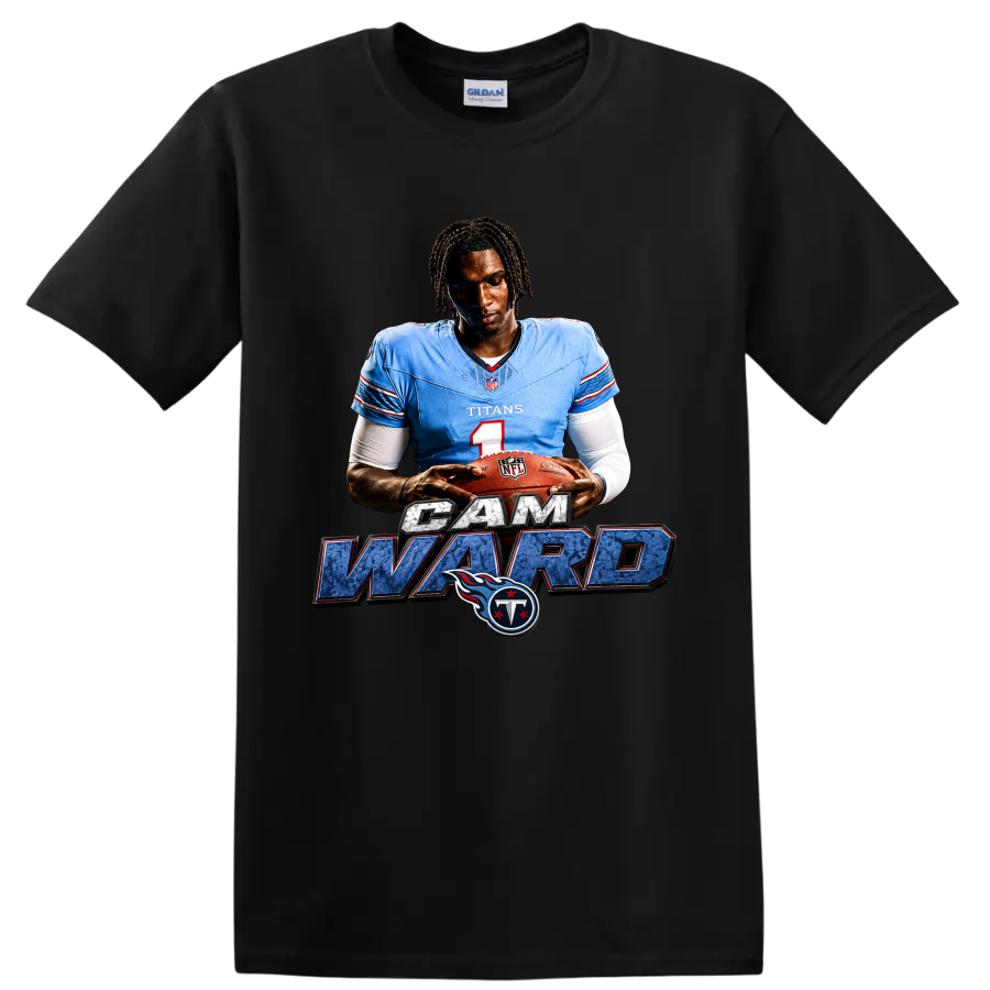 Cam Ward Tennessee Titans quarterback graphic with football, name lettering, and team logo on a Black T Shirt