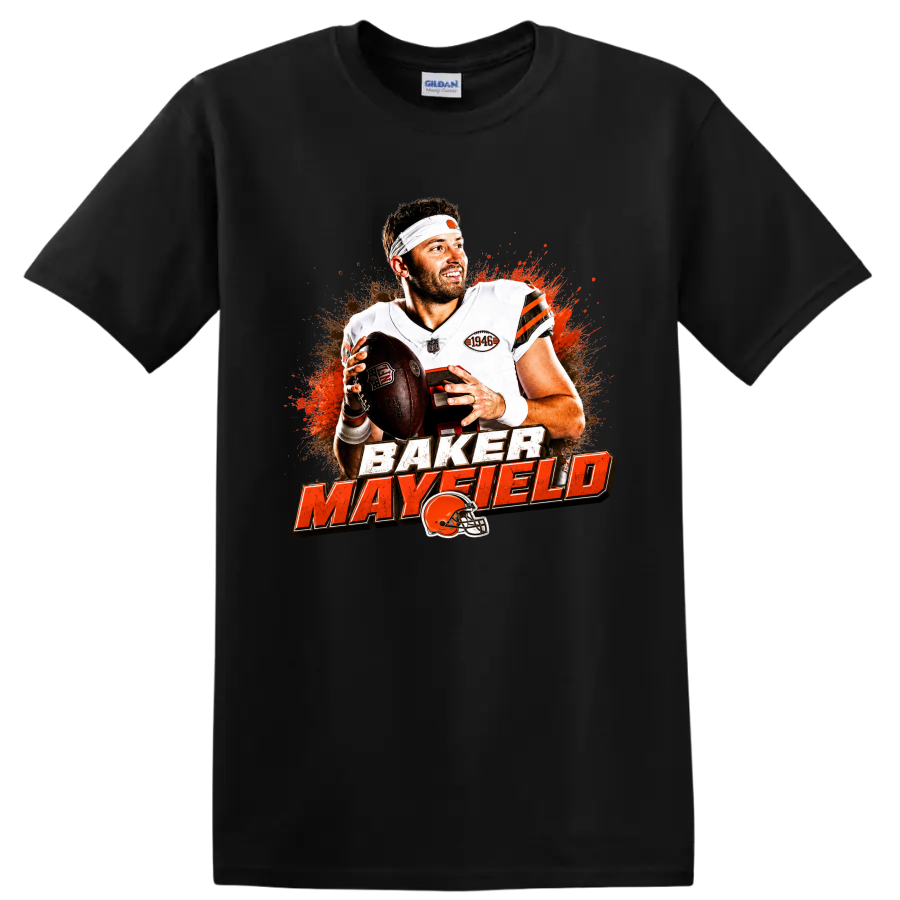 Baker Mayfield Cleveland Browns football graphic with distressed lettering and helmet on a Black T Shirt