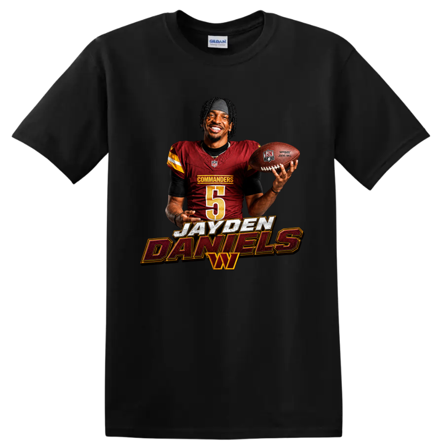 Jayden Daniels Washington Commanders quarterback graphic with football and bold name on a Black T Shirt