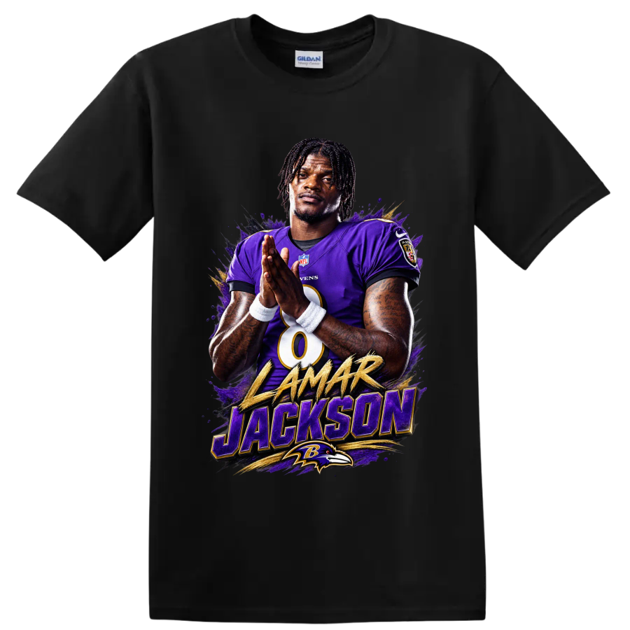 Lamar Jackson Ravens quarterback portrait with gold name text and purple paint-splash art on a Black T Shirt