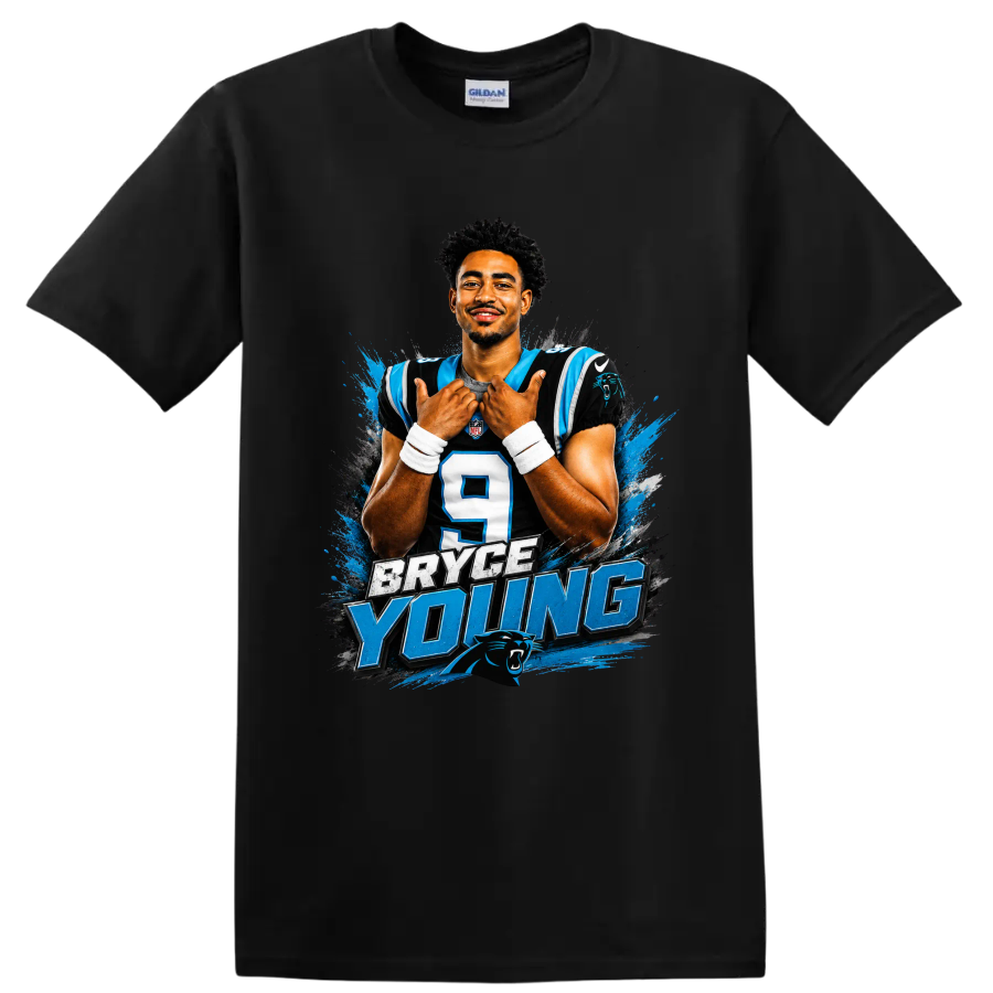 Bryce Young Carolina Panthers number 9 portrait with bold Bryce Young lettering on a Black T Shirt