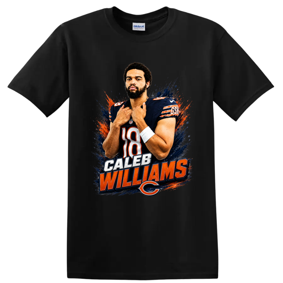 Caleb Williams Chicago Bears number 18 portrait with paint splashes and name lettering on a Black T Shirt