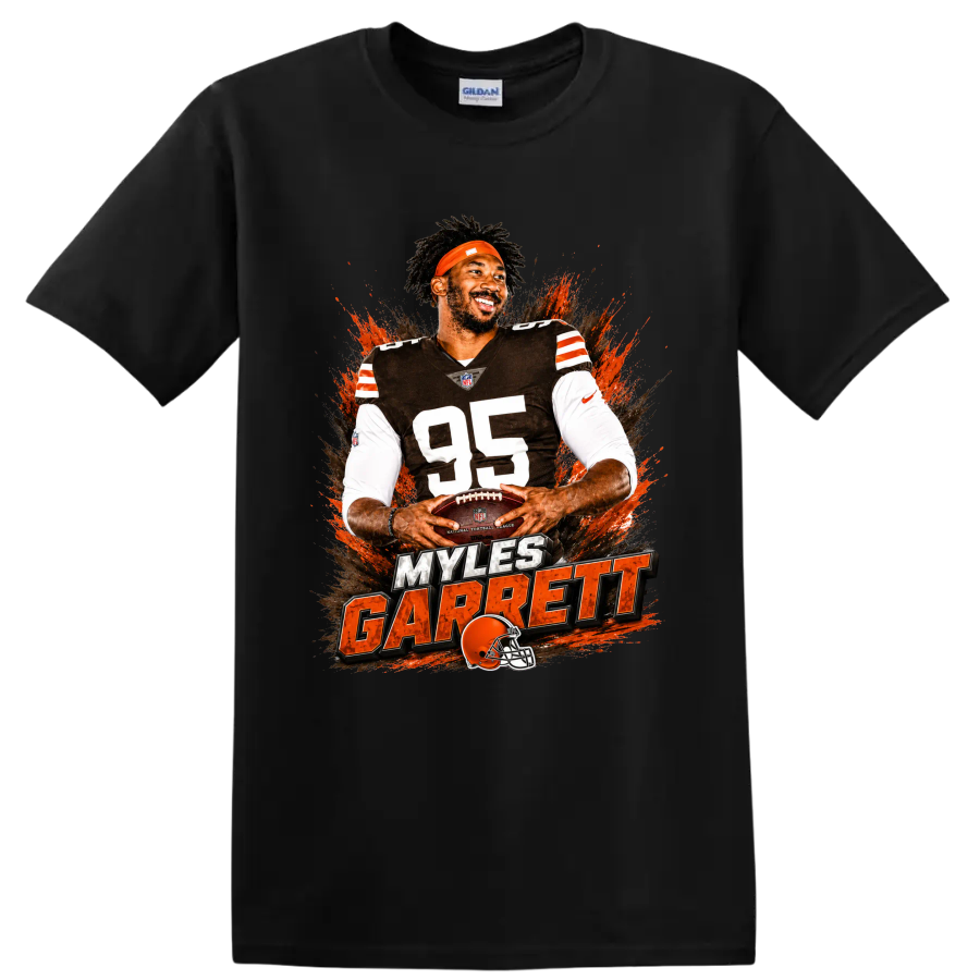 Myles Garrett number 95 Cleveland Browns football graphic with orange paint splashes on a Black T Shirt