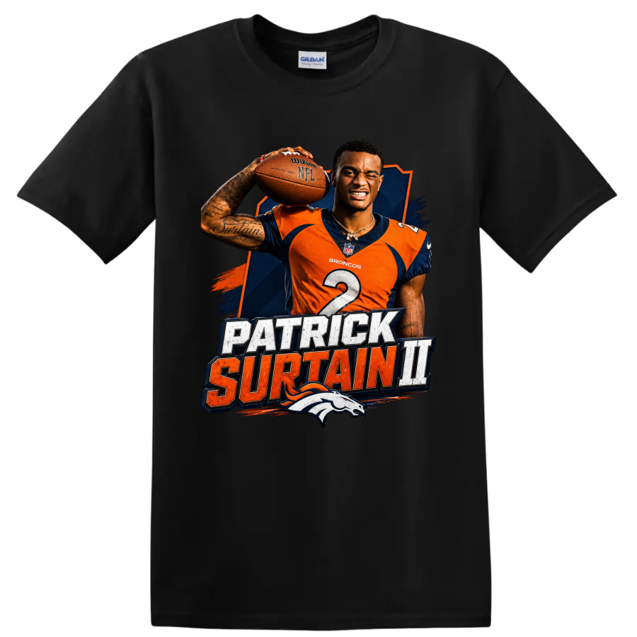 Patrick Surtain II Broncos football player graphic with distressed name lettering on a Black T Shirt