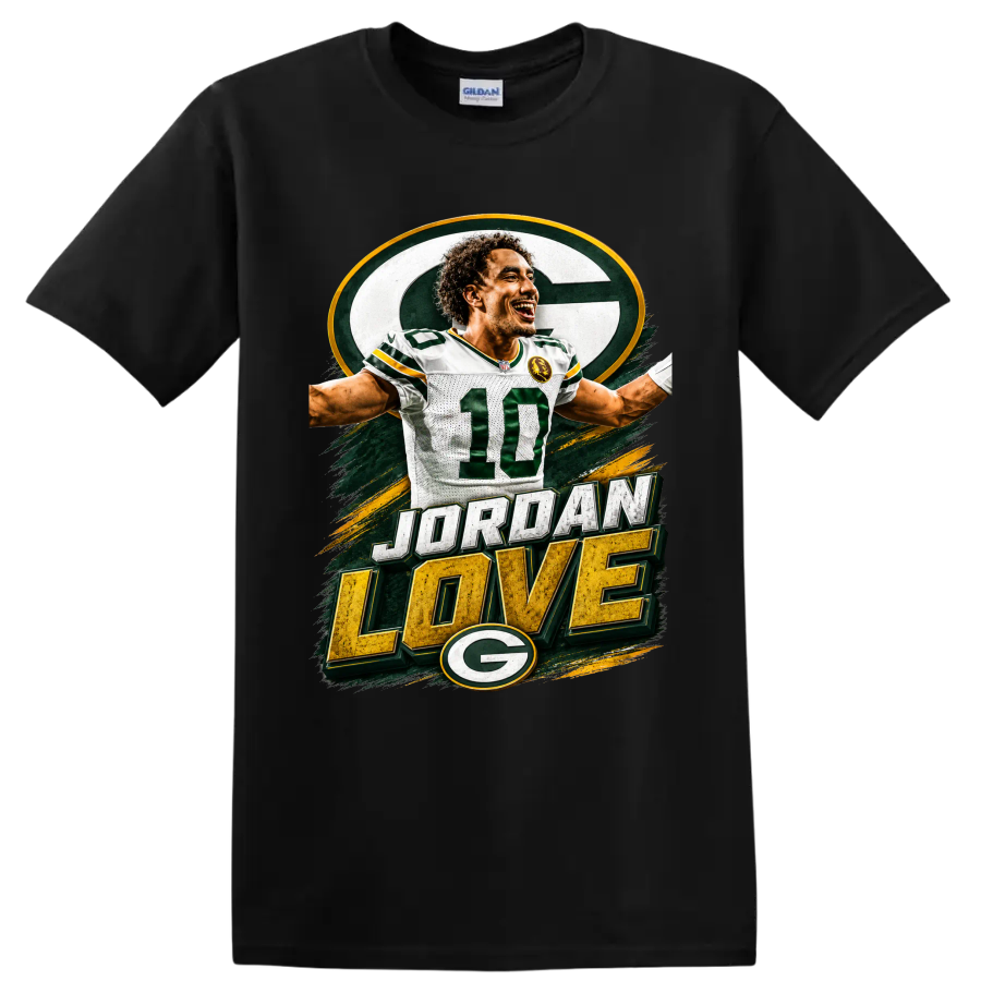 Jordan Love Green Bay Packers number 10 graphic with distressed JORDAN LOVE text on a Black T Shirt