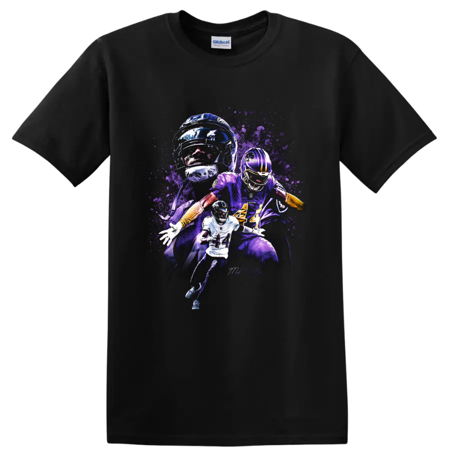 Justin Jefferson Minnesota Vikings wide receiver action collage with purple splatter art on a Black T Shirt