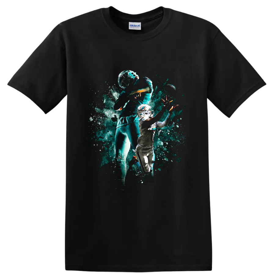 Tua Tagovailoa Miami Dolphins quarterback action art with helmet and football on a Black T Shirt