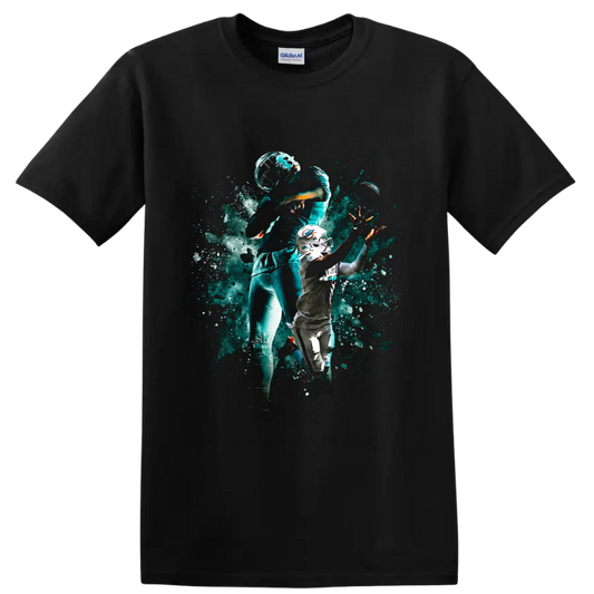 Tua Tagovailoa Miami Dolphins quarterback action art with helmet and football on a Black T Shirt