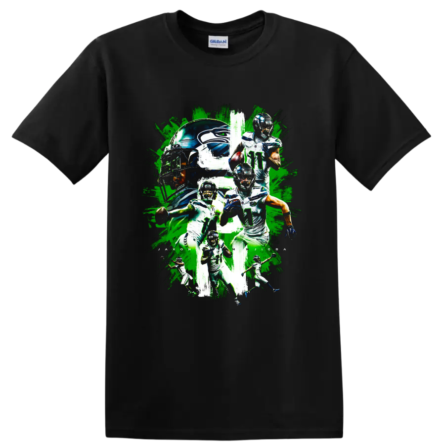Jaxon Smith-Njigba Seahawks number 11 football action collage with helmet artwork on a Black T Shirt