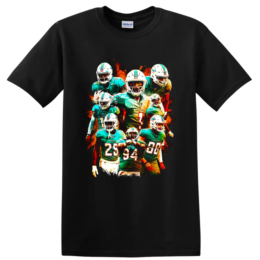 Tua Tagovailoa Miami Dolphins quarterback collage with fiery football artwork on a Black T Shirt