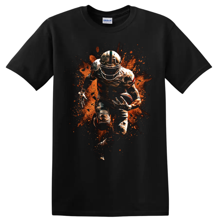 Nick Chubb Cleveland Browns running back action graphic with orange paint splatter on a Black T Shirt