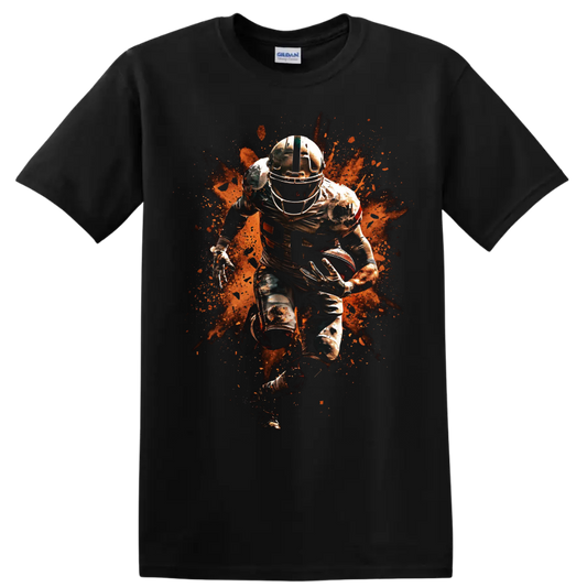 Nick Chubb Cleveland Browns running back action graphic with orange paint splatter on a Black T Shirt