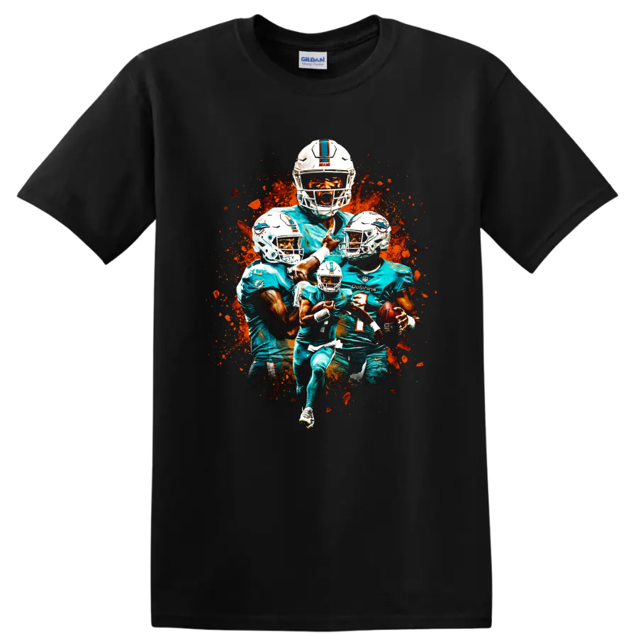 Miami Dolphins Tua Tagovailoa, Tyreek Hill and Jaylen Waddle paint-splatter collage on a Black T Shirt